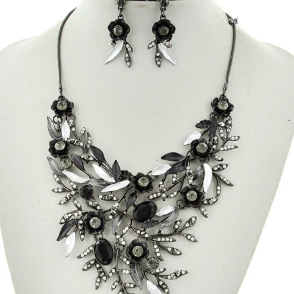 Black & Grey Rhinestone Statement Necklace & Earring Set